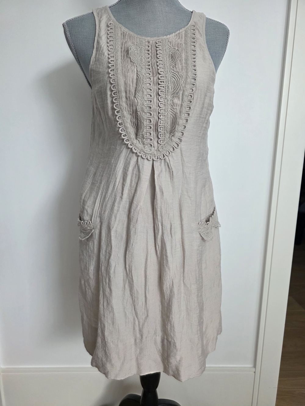 BCBG Sleeveless Linen-Blend Beige Embroidered Sundress